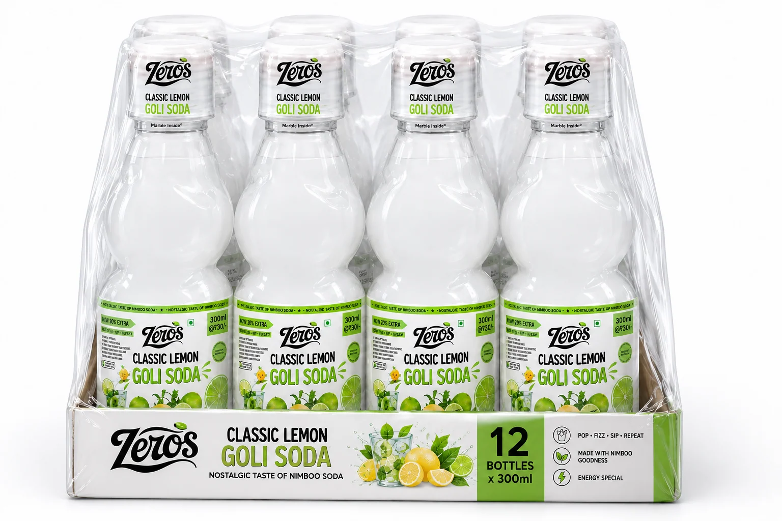 A set of Zeros Goli Soda marble bottles prepared for an order