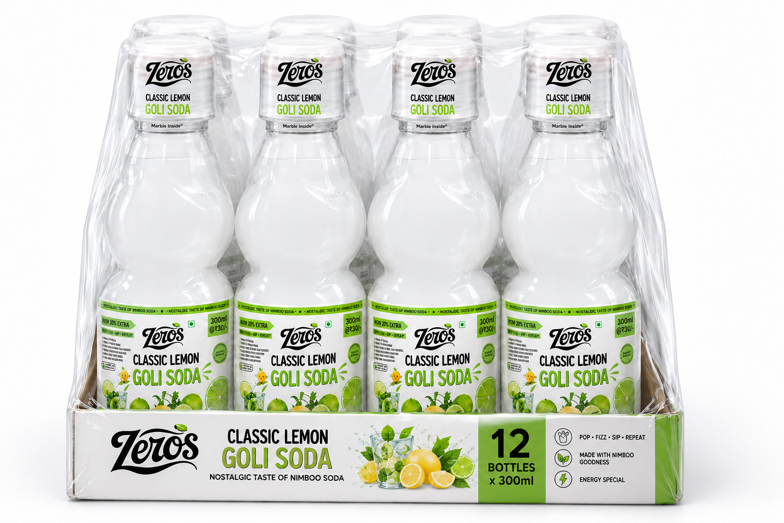 Zeros Classic Lemon Goli Soda, Crate of 12 Bottles (300 ml each)
