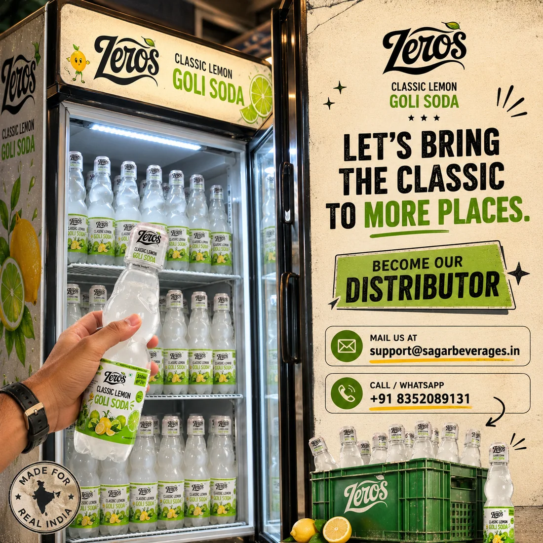 Zeros bottles stocked in a branded cooler with a green Zeros crate alongside