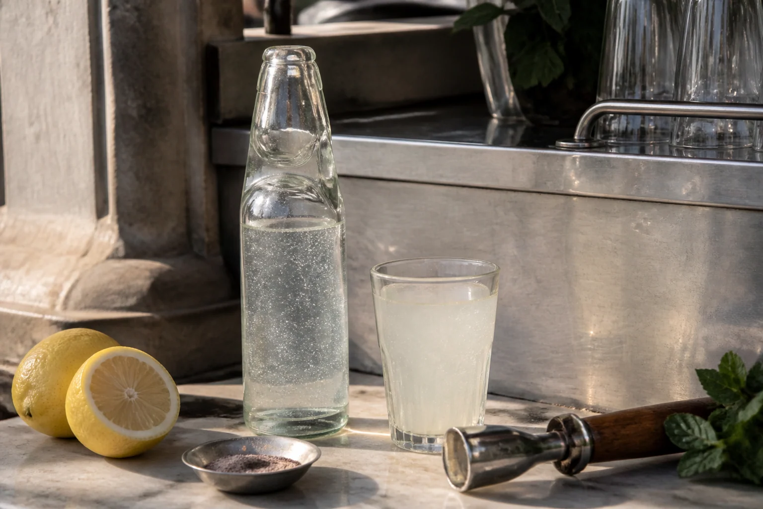 Illustrative north Indian refreshment counter with a generic glass soda bottle, lemon drink, lemons, black salt and a bottle pusher