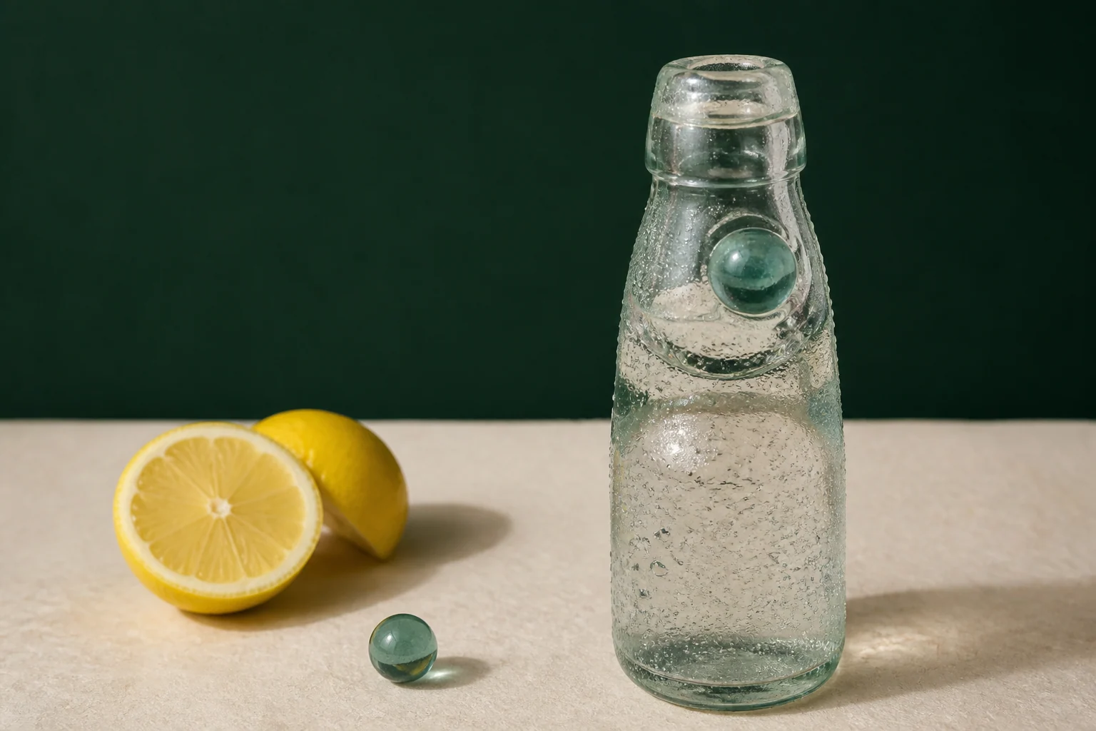 Illustration of an unbranded Codd-neck glass bottle with a marble trapped in its neck beside cut lemons
