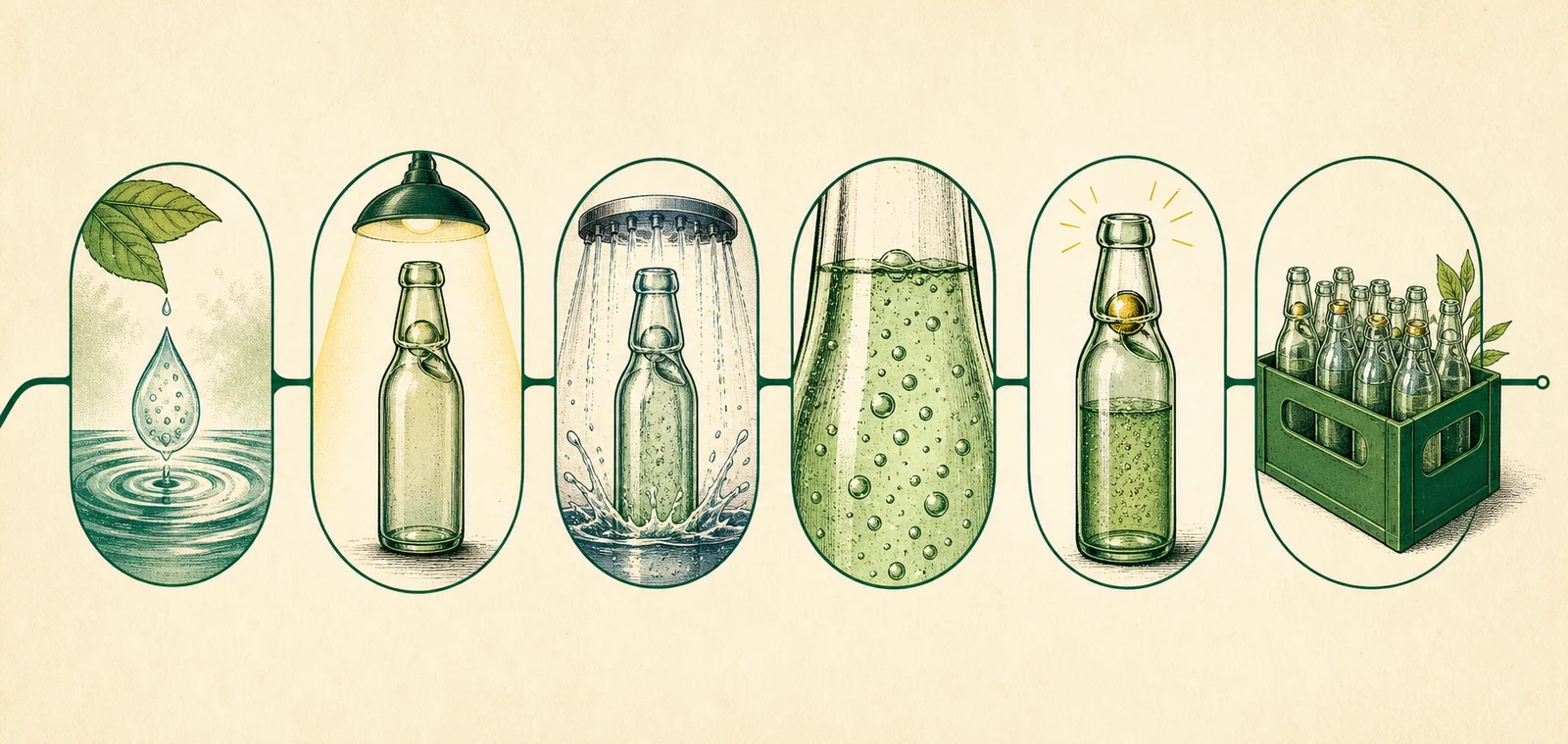 Illustrated sequence showing water preparation, glass bottle inspection, washing, carbonation, marble sealing and returnable crate packing