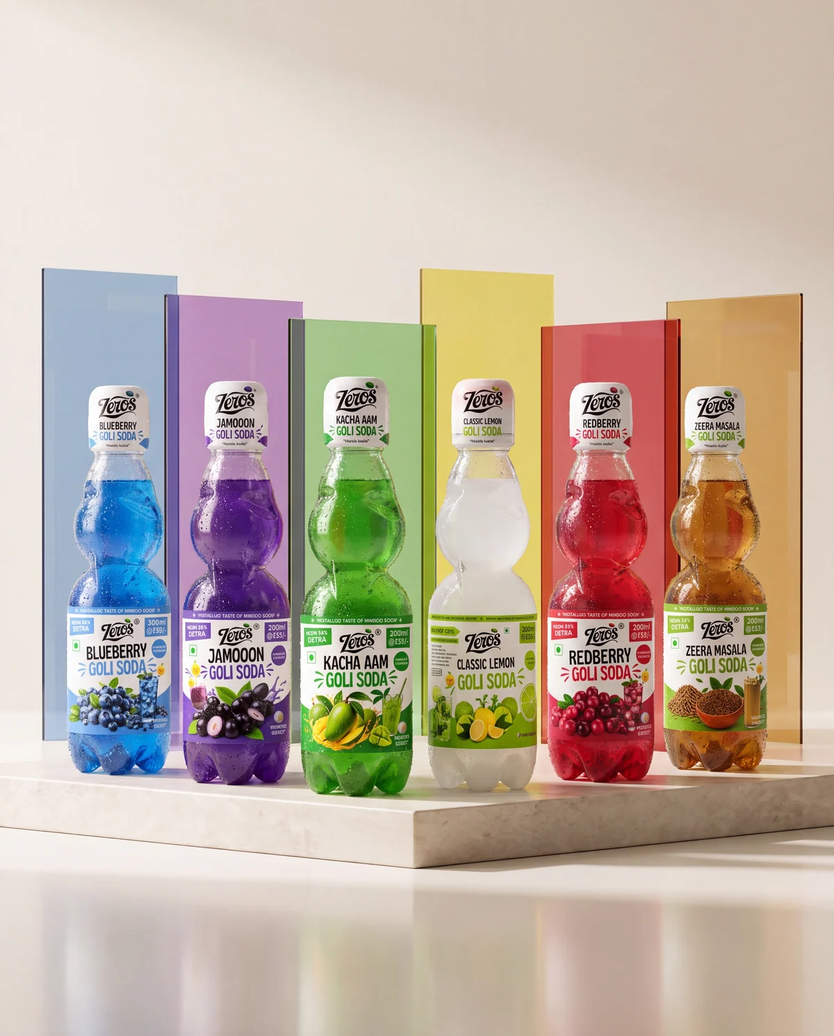 Six Zeros Goli Soda flavours displayed in a colourful gallery