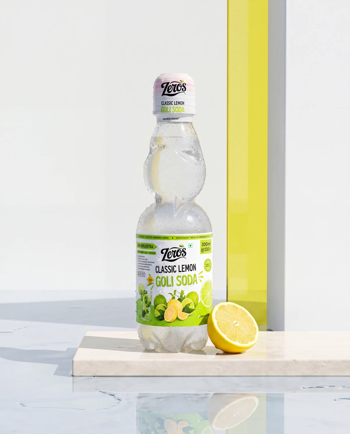 Zeros Classic Lemon Goli Soda with fresh lemon in a bright studio setting