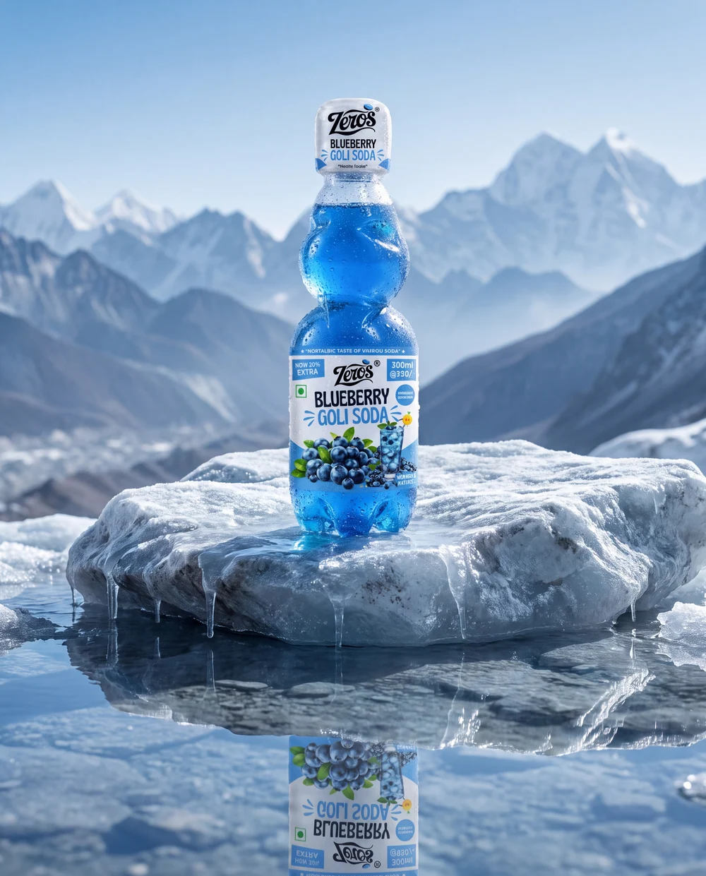 A chilled Zeros bottle presented against a Himalayan mountain landscape