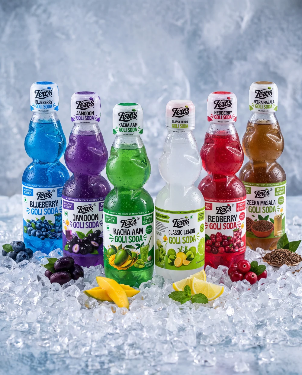 The complete six-flavour Zeros Goli Soda range chilled on ice