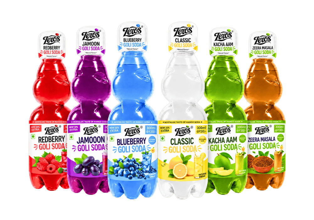 All six Zeros Goli Soda bottles: Redberry, Jamooon, Blueberry, Classic Lemon, Kacha Aam and Zeera Masala