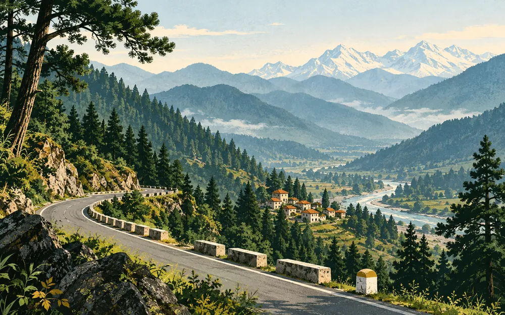 Illustrated Himalayan foothills and a winding road in Himachal Pradesh