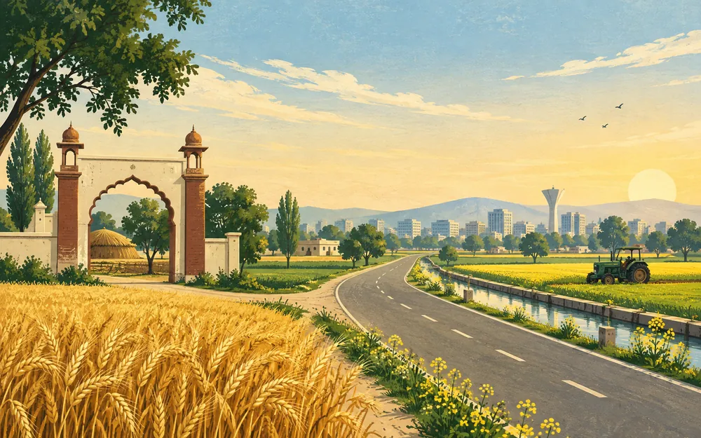 Illustrated fields and road connecting the Punjab market belt