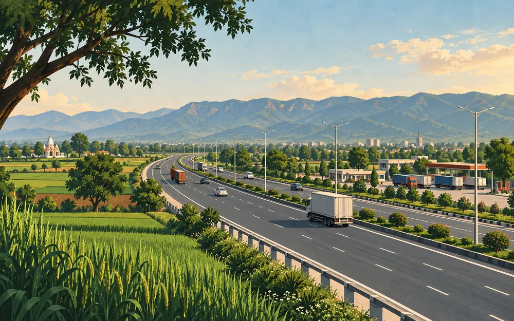 Illustrated highway corridor through the green Haryana landscape