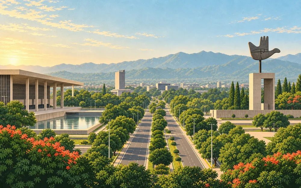 Illustrated modern Chandigarh cityscape and tree lined avenues