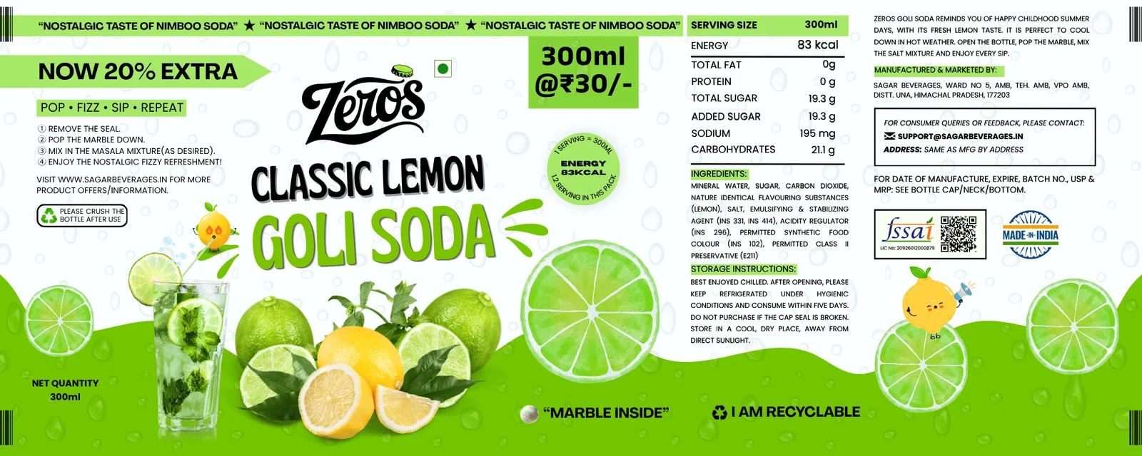 Full Zeros Classic Lemon Goli Soda label artwork showing nutrition, ingredients and storage information