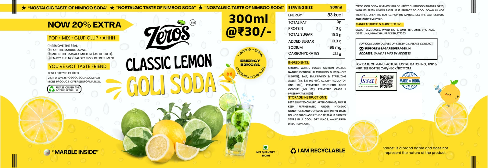 Full wrap artwork for the current Zeros Classic Lemon Goli Soda 300 ml label
